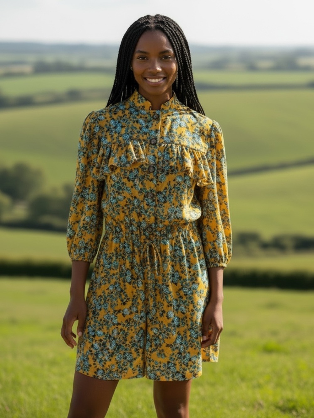 Boho Mustard Floral Ruffle-Yoke Midi Dress
